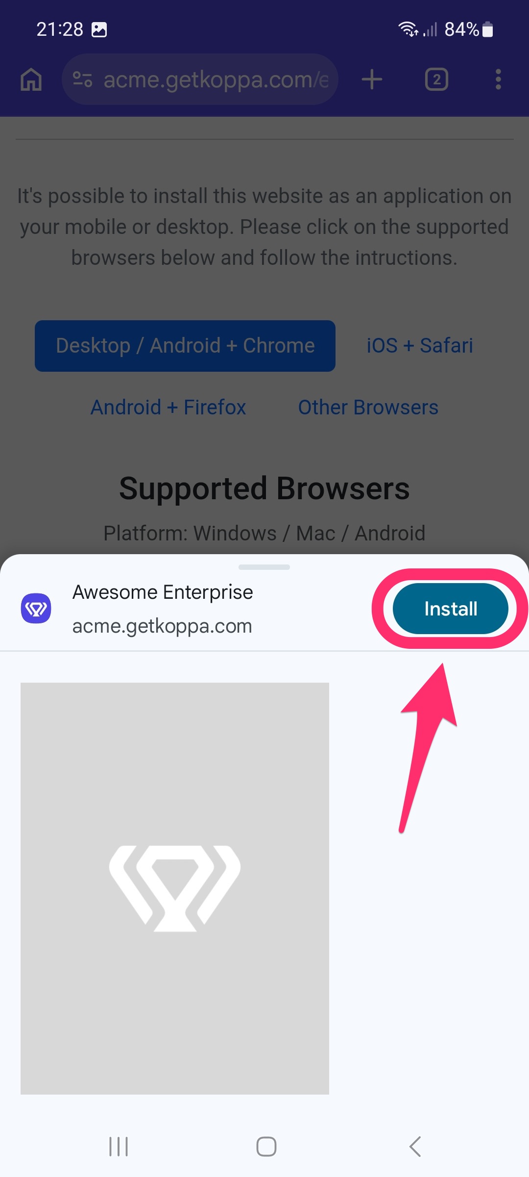 Ventana de confirmación de instalación de Android en Chrome